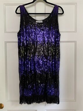 Purple & Black Sequin Fringe Flapper Style Dress | Jerry Beck
